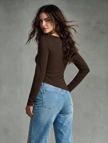 Calvaya Women's Asymmetrical Hem V Neck Waist Cinched Knit T-Shirt, Suitable For Winter And New Year Casual - Brown - View 2