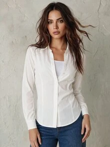 Calvaya Basic Transparent Plain Simple Collared Shirt,Long Sleeve Tops Fall Cloth For Women White - White - View 3