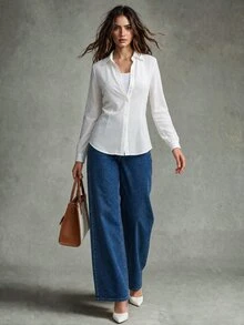 Calvaya Basic Transparent Plain Simple Collared Shirt,Long Sleeve Tops Fall Cloth For Women White - White - View 5