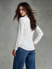 Calvaya Basic Transparent Plain Simple Collared Shirt,Long Sleeve Tops Fall Cloth For Women White - White - View 2