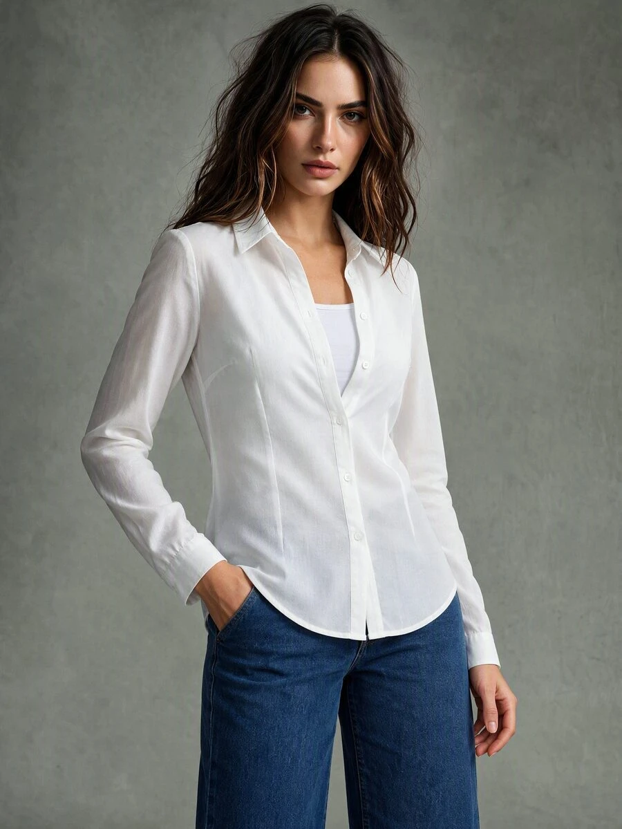 Calvaya Basic Transparent Plain Simple Collared Shirt,Long Sleeve Tops Fall Cloth For Women White - White - View 1