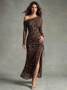 Calvaya Elegant Tie Dye Gradient Ruched Mesh Leopard Print Asymmetrical Neck High Slit Dress Maxi Women Outfit Fall Cloth For Women Vacation - Coffee - View 5