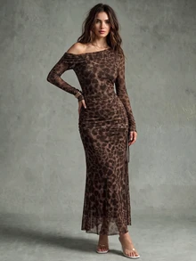 Calvaya Elegant Tie Dye Gradient Ruched Mesh Leopard Print Asymmetrical Neck High Slit Dress Maxi Women Outfit Fall Cloth For Women Vacation - Coffee - View 6