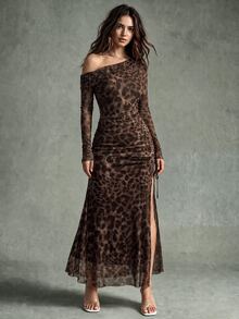 Calvaya Elegant Tie Dye Gradient Ruched Mesh Leopard Print Asymmetrical Neck High Slit Dress Maxi Women Outfit Fall Cloth For Women Vacation - Coffee - View 4
