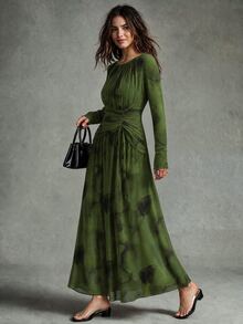 Calvaya 女士优雅扎染印花网纱弹力腰褶皱喇叭下摆长袖连衣裙 - 綠色 - 查看 5