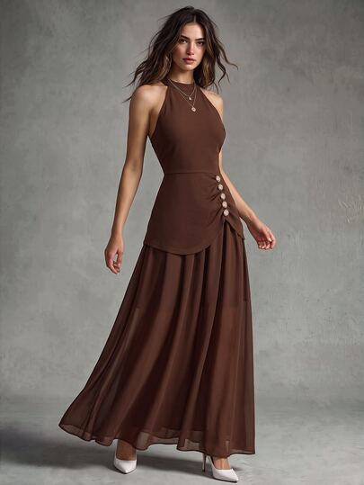 Calvaya Women's New Arrivals: Spring, Summer, Autumn - Elegant, Romantic, Gorgeous - Birthday Party, Evening Party, Vacation, Everyday Wear, Elegant Commute, French Valentine's Day - Off-Shoulder Halter Neck, Gold Buckle Chiffon Patchwork Dress, Christmas Party Dress, New Year Dress, New Year Outfit, New Year's Wear, Women's New Year Style, Women's New Year Clothing, Women's New Year's Eve Dress, Women's Thanksgiving Dress, Women's Thanksgiving Wear, Thanksgiving Dress, Elegant Party Dress, Elegant Party Outfit, Elegant Party Dress, Elegant Party Dress, Women's Party Dress, Concert Dress, Proposal Dress, Wedding Guest Dress, Muslim Robe Inner Dress, Vacation Dress