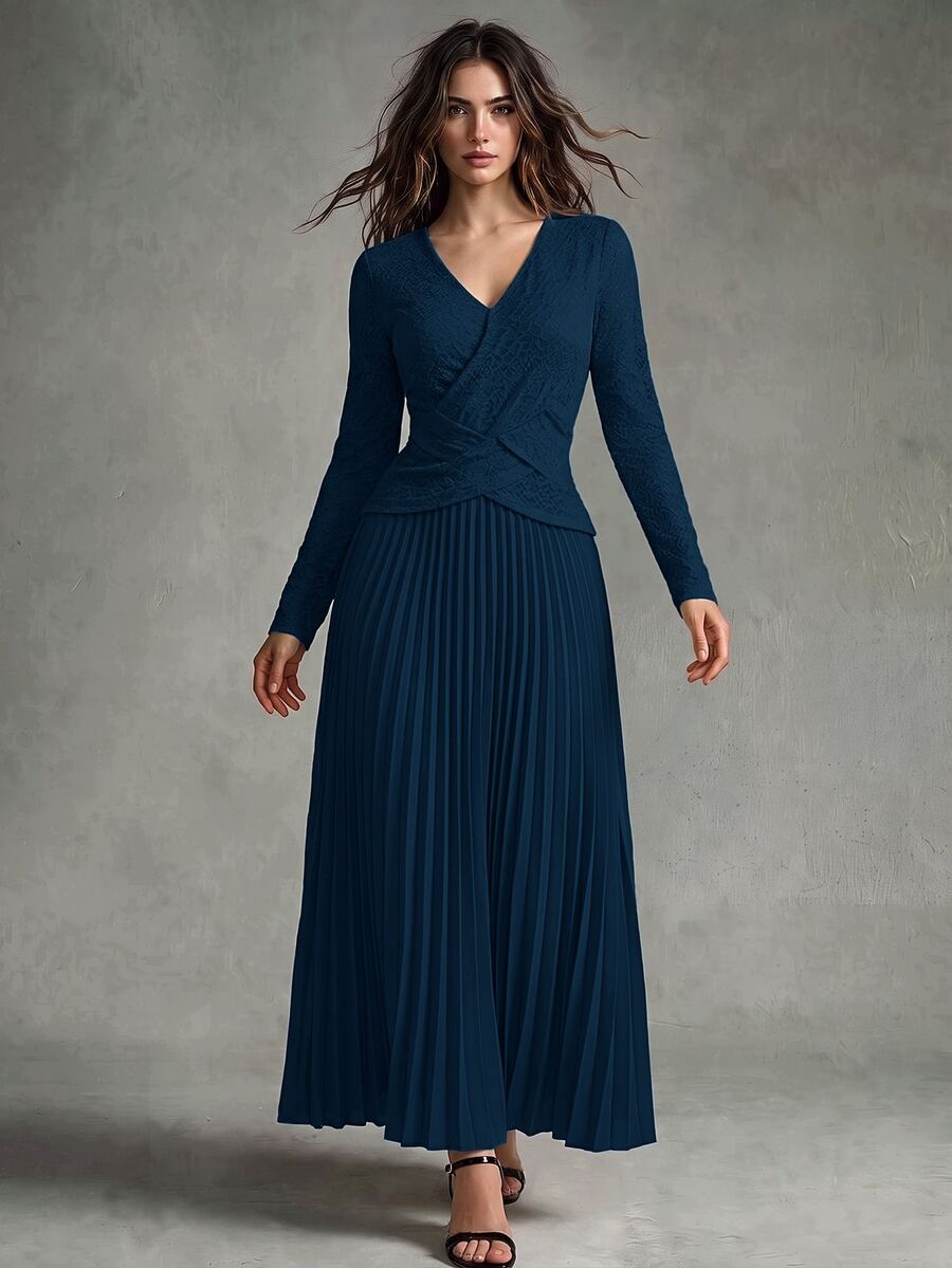 Calvaya Gaun Wanita Elegan dengan Kerah V, Kancing Dekoratif, Warna Polos, dan Hem Berlipit Silang - Biru - View 1