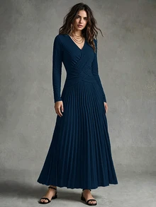 Calvaya Gaun Wanita Elegan dengan Kerah V, Kancing Dekoratif, Warna Polos, dan Hem Berlipit Silang - Biru - View 4