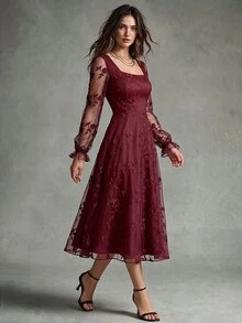Calvaya Elegant Lace Jacquard Dress - Burgundy - View 5