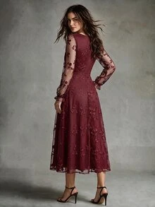 Calvaya Elegant Lace Jacquard Dress - Burgundy - View 2