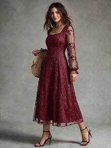 Calvaya Elegant Lace Jacquard Dress - Burgundy - View 3