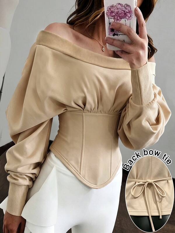 INAWLY Autumn/Winter Sexy Hot Girl Style Apricot Soft Knit Shoulder Top, Ruched Chest, Cinched Waist, Back Tie Bow, Lantern Long Sleeve, Cropped Sweatshirt, Versatile Base Layer For Dating And Shopping