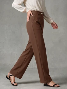 Calvaya Celana Kantor Wanita Putih Elegan Model Lurus, Bahan Pakaian Musim Gugur untuk Wanita - Chocolate Brown - View 4