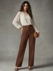 Calvaya Celana Kantor Wanita Putih Elegan Model Lurus, Bahan Pakaian Musim Gugur untuk Wanita - Chocolate Brown - View 3