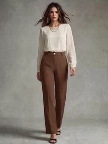 Calvaya Celana Kantor Wanita Putih Elegan Model Lurus, Bahan Pakaian Musim Gugur untuk Wanita - Chocolate Brown - View 5