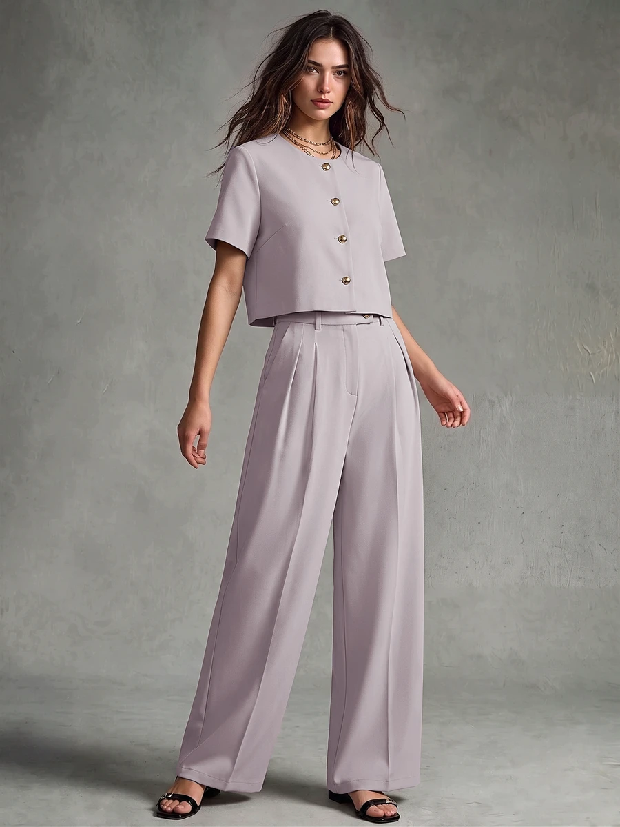 Calvaya Fashionable And Elegant Round Neck Short Sleeve Buttoned Blouse For Women - Grey - View 1