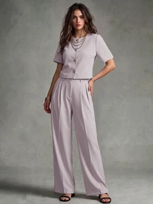 Calvaya Fashionable And Elegant Round Neck Short Sleeve Buttoned Blouse For Women - Grey - View 4