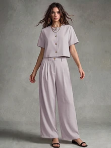 Calvaya Fashionable And Elegant Round Neck Short Sleeve Buttoned Blouse For Women - Grey - View 5
