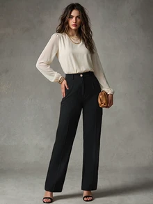Calvaya Women's White Elegant Office Straight Leg Pants Pants For Women Fall Cloth For Women - Black - View 3