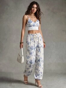 Calvaya 2pcs Set Printed Short Camisole Crop Top And High Waist Wide Leg Pants ,Petite Women - Multicolor - View 3