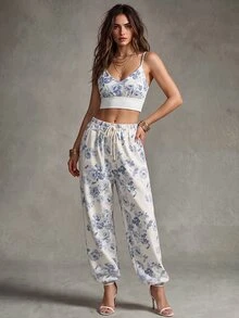 Calvaya 2pcs Set Printed Short Camisole Crop Top And High Waist Wide Leg Pants ,Petite Women - Multicolor - View 4