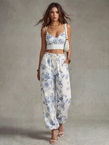 Calvaya 2pcs Set Printed Short Camisole Crop Top And High Waist Wide Leg Pants ,Petite Women - Multicolor - View 2