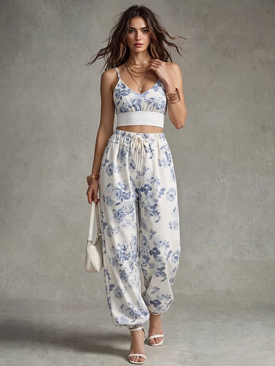 Calvaya 2pcs Set Printed Short Camisole Crop Top And High Waist Wide Leg Pants ,Petite Women - Multicolor - View 1