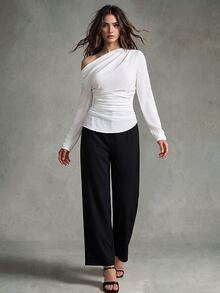 Calvaya Women's Elegant Solid Color Oblique Shoulder Ruched Waist Blouse Fall Cloth For Women - White - View 5