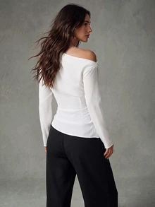 Calvaya Women's Elegant Solid Color Oblique Shoulder Ruched Waist Blouse Fall Cloth For Women - White - View 2
