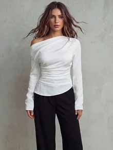 Calvaya Women's Elegant Solid Color Oblique Shoulder Ruched Waist Blouse Fall Cloth For Women - White - View 1