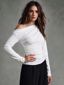 Calvaya Women's Elegant Solid Color Oblique Shoulder Ruched Waist Blouse Fall Cloth For Women - White - View 3