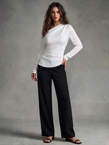 Calvaya Women's Elegant Solid Color Oblique Shoulder Ruched Waist Blouse Fall Cloth For Women - White - View 4