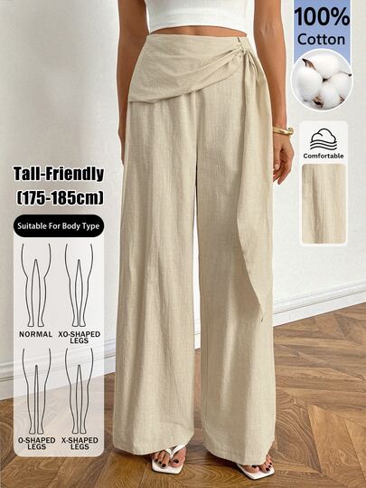 SHEIN Tall Tall New Women's 100% Pure Cotton Woven Casual Elegant Loose Pants - Cotton Pants