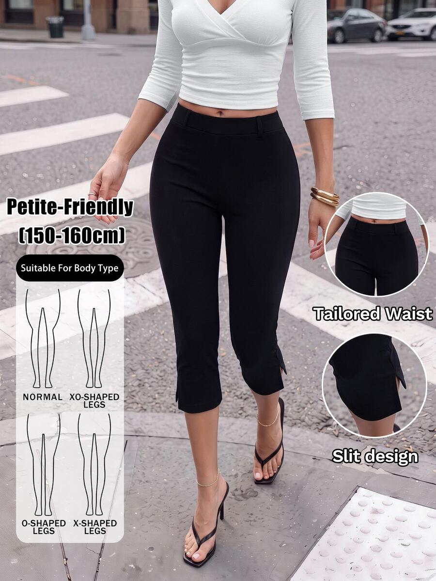 SHEIN PETITE Elegant Solid Black High-Waisted Leggings For Petite Women-Suitable For All Seasons. - Black - View 1