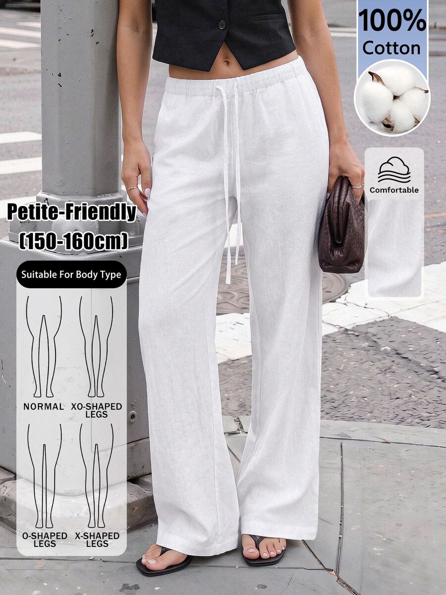 SHEIN PETITE بنطلون قطن نقي أبيض أنيق وكاجوال للنساء الصغيرات - مثالي للتنقل اليومي. - أبيض - مشاهدة 1