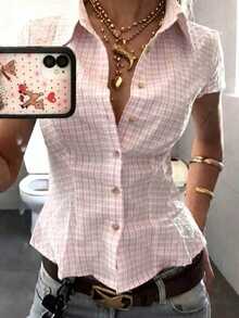 IslaSuriya Women's Polo Collar Short Sleeve Fitted Shirt - Multicolor - View 4