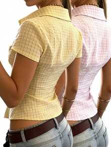 IslaSuriya Women's Polo Collar Short Sleeve Fitted Shirt - Multicolor - View 2