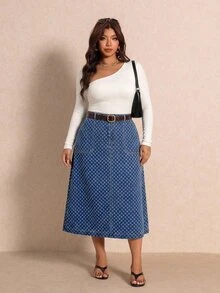 Elaquor 大尺碼女款全印花口袋休閒日常牛仔裙 秋季，休閒百搭牛仔裙，紋理牛仔布料，奢華牛仔穿搭，約會 - 藍色 - 查看 7
