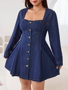 Solflare Plus Size Women's Button Casual Daily Summer Travel Denim Dress - Blue - View 6