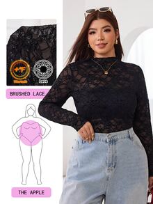 Solflare Plus Size Women's Lace Slim Fit Versatile Casual Long Sleeve T-Shirt - Black - View 2