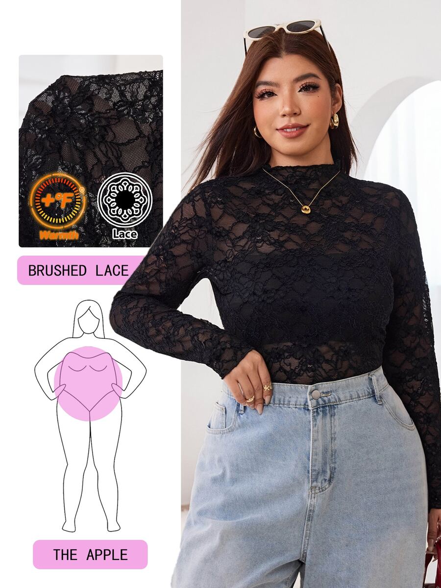Solflare Plus Size Women's Lace Slim Fit Versatile Casual Long Sleeve T-Shirt