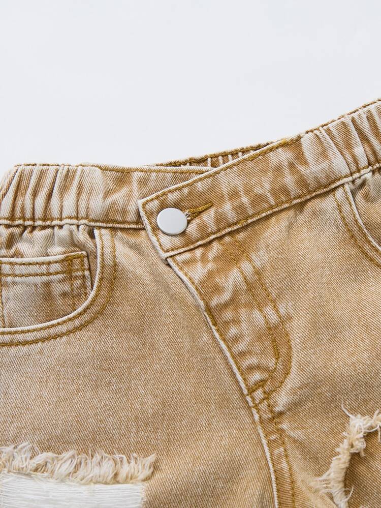 Girls' Summer Washed Versatile Loose Fashion Comfortable Soft Premium Cotton Fabric Personalized Distressed Design Heart Element Patch Embroidery Decoration Asymmetrical Waist Mid-Blue Washed Denim Color Thin Denim Long Pants Spring/Summer - Khaki - View 4