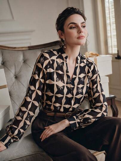 Anewsta Early Autumn New Vintage Geometric Print Design Loose Slimming Long Sleeve Women's Blouse