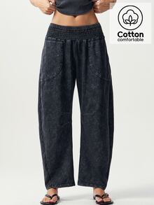 Bohemela Casual Solid Color Knit Loose Washed Women's Long Pants - Black - View 1