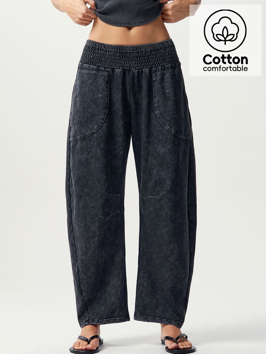 Bohemela Casual Solid Color Knit Loose Washed Women's Long Pants - Black - View 1