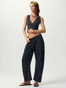 Bohemela Casual Solid Color Knit Loose Washed Women's Long Pants - Black - View 5