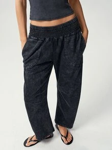 Bohemela Casual Solid Color Knit Loose Washed Women's Long Pants - Black - View 4