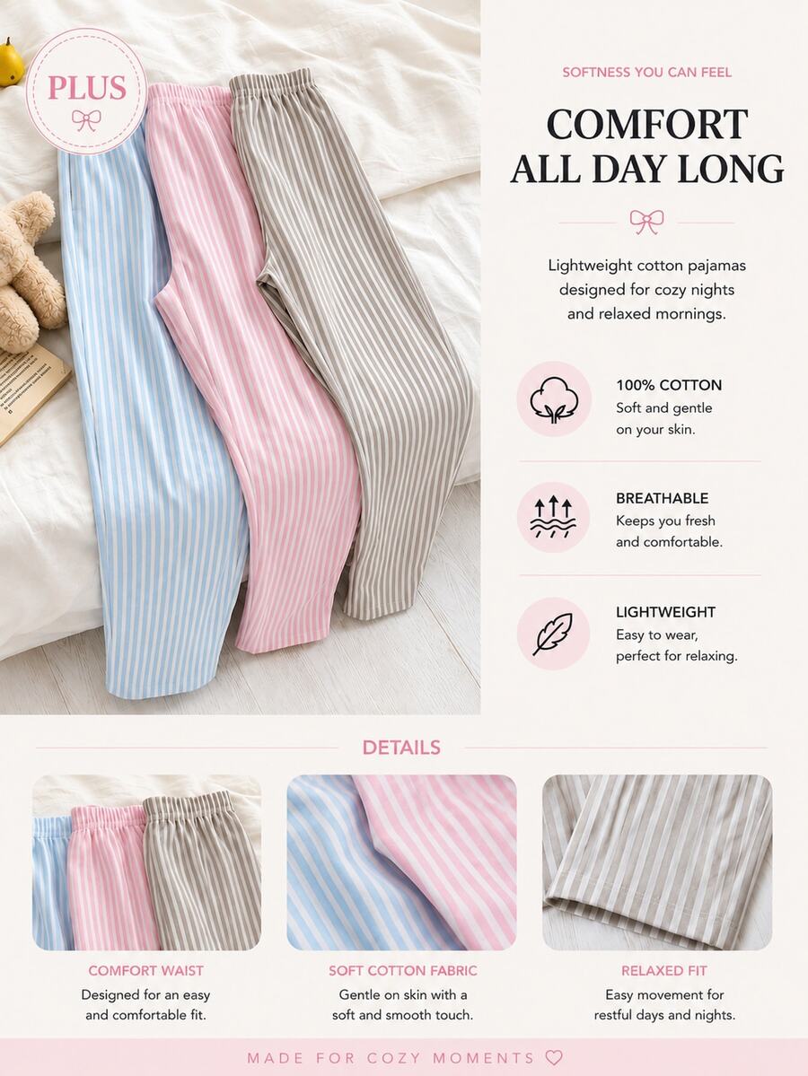 SHEIN Plus Size Women's 3-Piece Pure Cotton Multi-Color Striped Long Pajama Pants Set