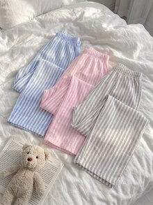 SHEIN 大尺碼女款 3 件組純棉多色條紋長款睡褲套裝 - 彩色 - 查看 1