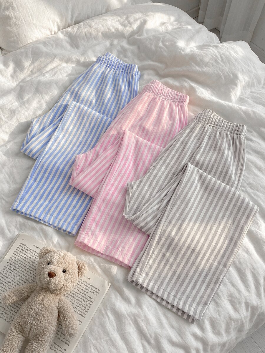 SHEIN 大尺碼女款 3 件組純棉多色條紋長款睡褲套裝 - 彩色 - 查看 1